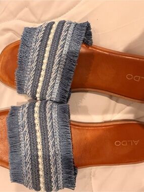 Aldo Blue Fringed Slide Sandals with Pearl Accent